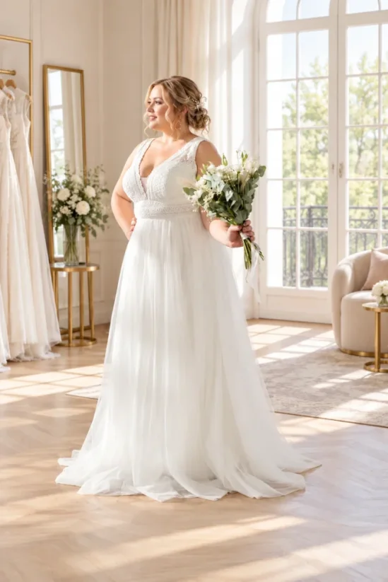 Svatební šaty Lily pro baculky - Barva: Ivory, Řešení zad: Šněrování, Velikost: 48