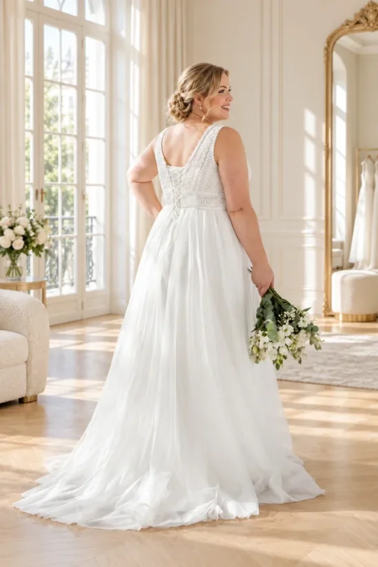 Svatební šaty Lily pro baculky - Barva: Ivory, Řešení zad: Šněrování, Velikost: 48