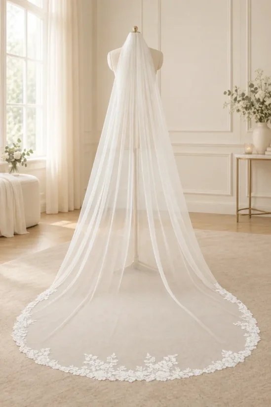 Dlhý závoj s čipkovým lemom 250 cm - Farba: Ivory